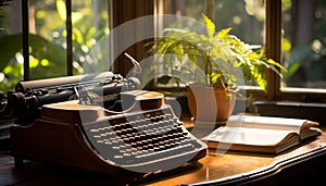 Old typewriter on wooden table, close up of antique technology generated by AI