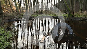 Old tyre and other garbage lies on the waterlogged river bank, environmental pollution.