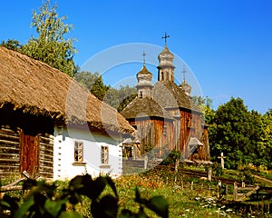 Old ukrainian house and church, Pirogovo, Kiev, Ukraine, Europe