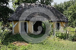 Old Ukrainian house. Ukrainian hut of the nineteenth century. Summer landscape, sunshine. Village Pirogovo