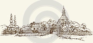 Old Ukrainian village. Vector sketch photo