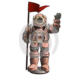 Old underwater diving suit isolated on white background. Diving equipment of nineteenth century. Vector cartoon close-up