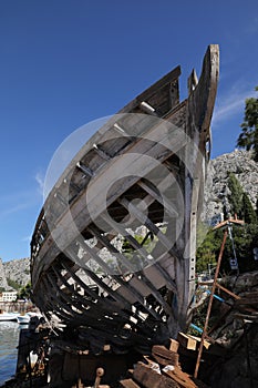 Old unfinished construction of wooden fishing ships.Croatia