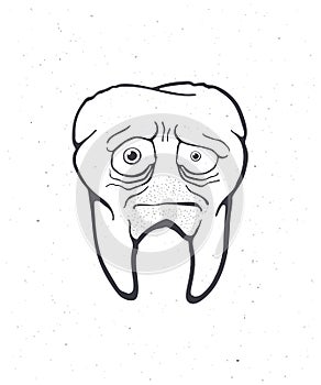 Old unhealthy sad human tooth with caries, tired eyes and bristles. Outline. Vector illustration. Symbol of somatology