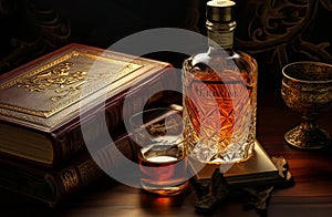 old and unique whisky bottle on a table next to books, in the style of rtx,