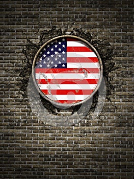 Old United States of America flag in brick wall