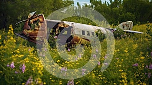 Old unknown rusty abandoned crashed plane in meadow of wildflowers on bright summer day. Air accident