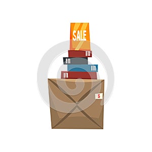 Old unnecessary things, books and box with old stuff, garage sale vector Illustration on a white background