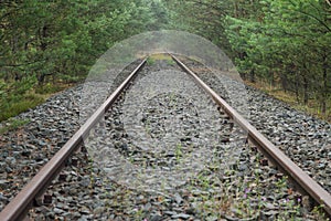 Old, unused railroad tracks.