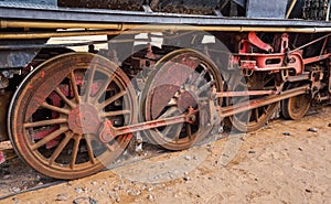 Old unused steam locomotive train at Wadi Rum railroad station, closeup detail to rusty wheels