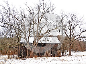 Old unused wood barn and trees in FingerLakes country during late winter