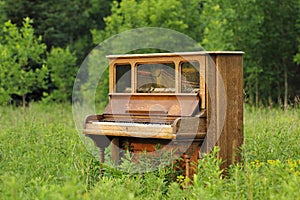 Old Upright Piano Abandoned in a Green Field