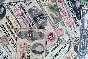 Old US dollar banknotes and silver certificates banknotes
