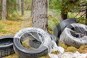 Old used car tires left, dumped in the forest, environmental concept