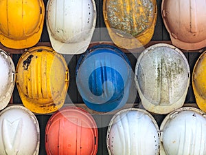 Old used construction helmets