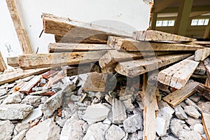 Old and Used Construction Wood in the New Building Construction Work Site