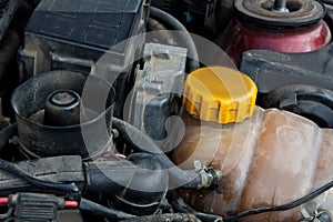 Old used diesel engine with rusty and dirty auto parts, water infiltration and bad car maintenance