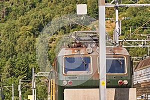 Old used german electric locomotive of Flamsbana train in Norway.