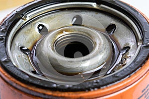 old used motor oil filter close up shot.