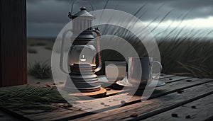 Old Used Oil Storm Lampe, Cup with Hot Drink on Wooden Veranda View of stormy Baltic sea and dunes, AI Generative photo