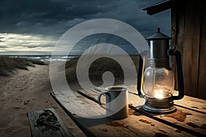 Old Used Oil Storm Lampe, Thermos Can and Cup with Hot Drink on Wooden Veranda View of stormy Baltic sea and dunes, AI Generative photo