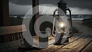 Old Used Oil Storm Lampe, Thermos Can and Cup with Hot Drink on Wooden Veranda View of stormy Baltic sea and dunes, AI Generative photo