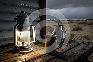 Old Used Oil Storm Lampe, Thermos Can and Cup with Hot Drink on Wooden Veranda View of stormy Baltic sea and dunes, AI Generative photo