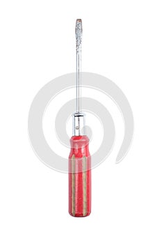 Old and used red screwdriver flat mouth, Flat-blade screwdriver isolated on a white background. Path saved.