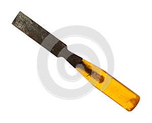 Old used and rusted wood chisel with a translucent handle on a white background