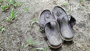 Old used sandals. Pair of old footwear on grass