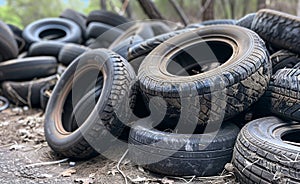 Old used tires dumped in the forest