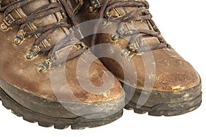 Old used trekking boots clipping path