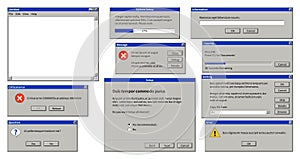 Old user interface. Browser window, error message popup dialog box with system information, vintage computer operation