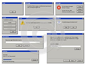 Old user interface window. Old computer retro browser dialog box with buttons. Warning system messages vector templates