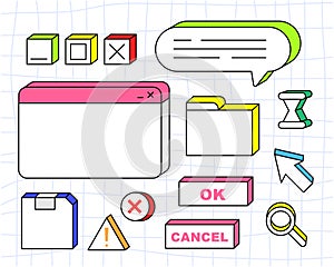 Old user interface windows, retro message box with buttons. Vaporwave and retrowave style elements.