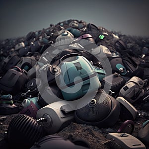 Old vacuum cleaners wasted into the landfill. AI generative illustration