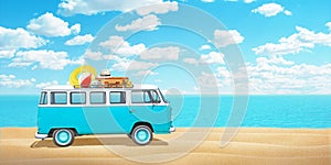 Old van with luggage on beach. Concept of a holiday trip