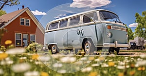 An Old Van Rests Serenely in Front of a Home Under a Cloud-Adorned Blue Sky