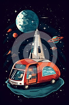 An old van for traveling on a fantasy planet in space. Generative illustration of artificial intelligence