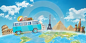 Old van travels across the world. Concept of travel and vacation around the world