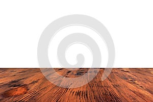 Old varnish brown oak wood table isolated on white background. wooden table