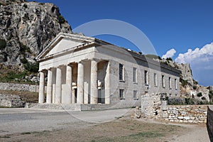The old Venetian fortress of Corfu town and Holy Church of Saint George, Corfu, Greece. The Old Fortress of Corfu is a