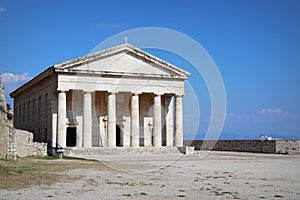 The old Venetian fortress of Corfu town and Holy Church of Saint George, Corfu, Greece. The Old Fortress of Corfu is a