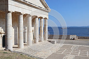 The old Venetian fortress of Corfu town and Holy Church of Saint George, Corfu, Greece. The Old Fortress of Corfu is a