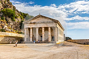 The old Venetian fortress of Corfu town and Holy Church of Saint George, Corfu, Greece. The Old Fortress of Corfu is a Venetian