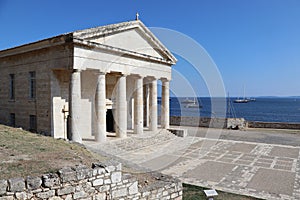 The old Venetian fortress of Corfu town and Holy Church of Saint George, Corfu, Greece. The Old Fortress of Corfu is a Venetian