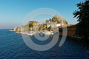 Old Venetian Fortress in Corfu is a Venetian fortress in the city of Corfu during Byzantine times. Sea port on greece island, blue