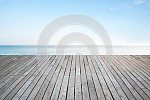 Old vertical striped wooden terrace with sky sea