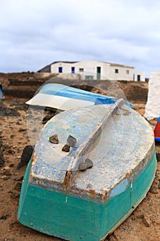 Old verturned fishing boat on the Spanish island of Les Lobos