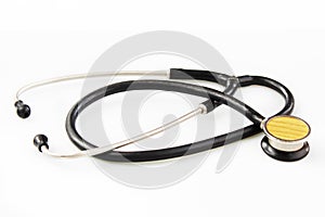 old veterinary worker with a stethophonendoscope on a white background.